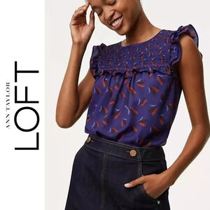 LOFT Purple Leaf Smocked Blouse with Ruffle Sleeves, XSP